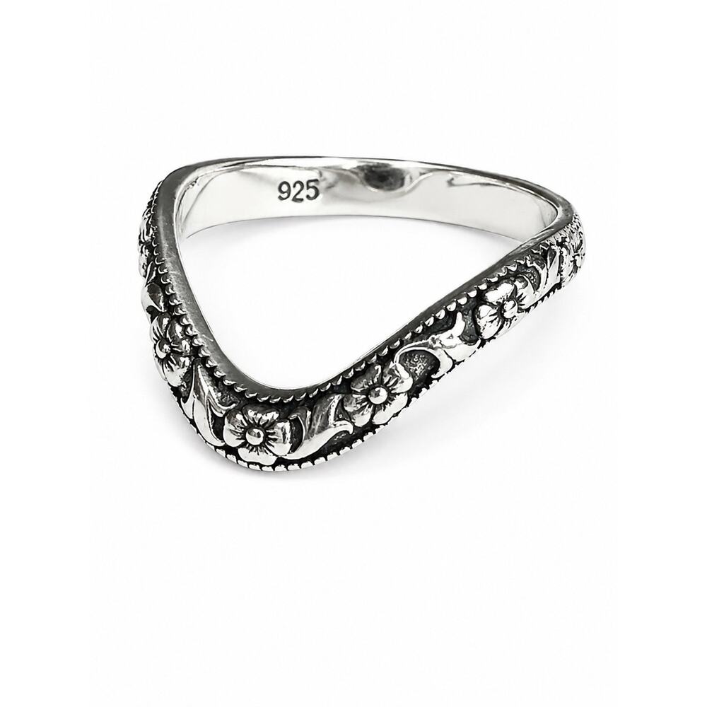 Sterling Silver Chevron Floral Ring Size 6 Curved V Band Wedding Stacker Boho - Picture 4 of 12